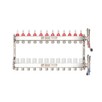 Rozdzielacz Inox ze stali nierdzewnej uzbrojony do ogrzewania podłogowego+adaptery PEX 16+zespół odpowietrzająco - spustowy 12 obwodów
