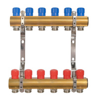 Rozdzielacz do C.O. mosiężny z zaworami  6 obwodów