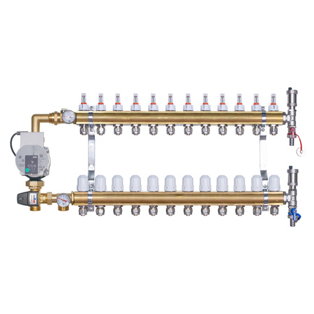 Rozdzielacz mosiężny do ogrzewania podłogowego 12 obwodów z adapterami PEX16 i grupą mieszającą 3,4KVS z pompą Wilo