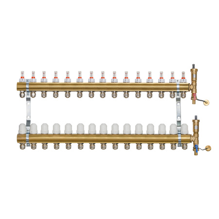 Rozdzielacz do podłogówki 15 obwodów z odpowietrznikiem Afriso i złączkami na rurę 16 x 2.0