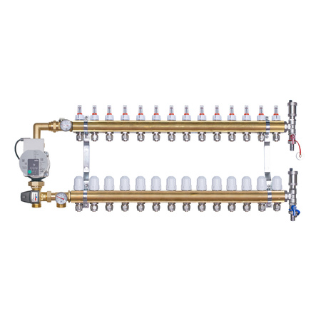 Rozdzielacz mosiężny do ogrzewania podłogowego 14 obwodów z adapterami PEX16 i grupą mieszającą 3,4KVS z pompą Wilo