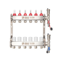 Rozdzielacz Inox ze stali nierdzewnej uzbrojony do ogrzewania podłogowego+adaptery PEX 16+zespół odpowietrzająco - spustowy  6 obwodów
