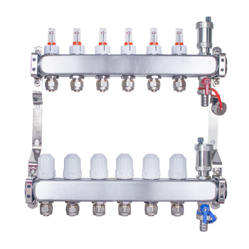Rozdzielacz INOX ze stali nierdzewnej do ogrzewania podłogowego ze złączkami PEX 16 -  6 obwodów