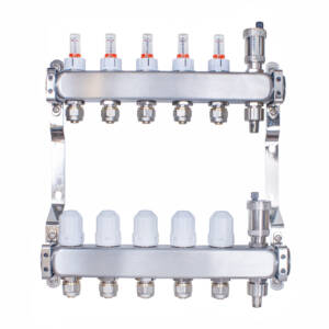 Rozdzielacz INOX ze stali nierdzewnej do ogrzewania podłogowego ze złączkami PEX 16 -  5 obwodówRozdzielacz INOX ze stali nierdzewnej do ogrzewania podłogowego ze złączkami PEX 16 -  5 obwodów
