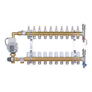Rozdzielacz mosiężny do ogrzewania podłogowego 10 obwodów z adapterami PEX16 i grupą mieszającą 3,4KVS z pompą Wilo