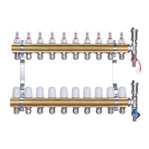 Rozdzielacz mosiężny  uzbrojony do ogrzewania podłogowego 10 obwodów z adapterami PEX16