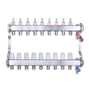 Rozdzielacz INOX ze stali nierdzewnej uzbrojony do ogrzewania podłogowego z adapterami PEX 16 - 9 obwodówRozdzielacz INOX ze stali nierdzewnej uzbrojony do ogrzewania podłogowego z adapterami PEX 16 - 9 obwodów