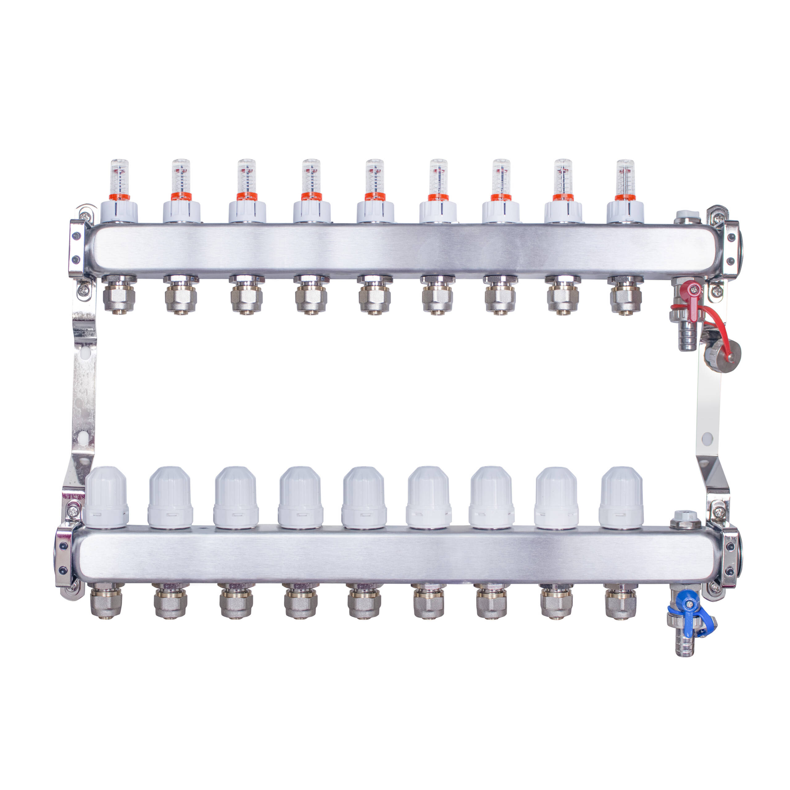 Rozdzielacz INOX ze stali nierdzewnej uzbrojony do ogrzewania podłogowego z adapterami PEX 16 - 9 obwodów