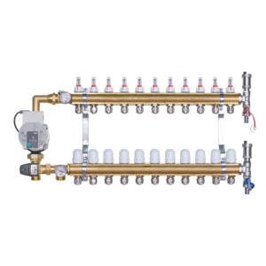 Rozdzielacz mosiężny do ogrzewania podłogowego 11 obwodów z adapterami PEX16 i grupą mieszającą 3,4KVS z pompą Wilo
