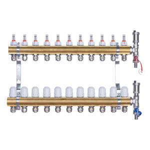 Rozdzielacz mosiężny  uzbrojony do ogrzewania podłogowego 11 obwodów z adapterami PEX16