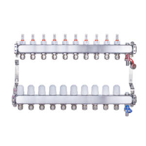 Rozdzielacz INOX ze stali nierdzewnej uzbrojony do ogrzewania podłogowego z adapterami PEX 16 -10 obwodówRozdzielacz INOX ze stali nierdzewnej uzbrojony do ogrzewania podłogowego z adapterami PEX 16 -10 obwodów