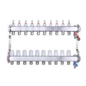 Rozdzielacz INOX ze stali nierdzewnej uzbrojony do ogrzewania podłogowego z adapterami PEX 16 -10 obwodów