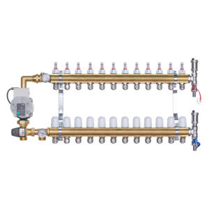 Rozdzielacz mosiężny do ogrzewania podłogowego 12 obwodów z adapterami PEX16 i grupą mieszającą 3,4KVS z pompą Wilo