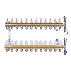 Rozdzielacz mosiężny  uzbrojony do ogrzewania podłogowego 12 obwodów z adapterami PEX16
