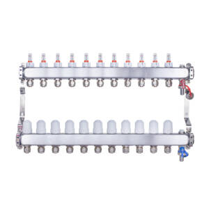 Rozdzielacz INOX ze stali nierdzewnej uzbrojony do ogrzewania podłogowego z adapterami PEX 16 -11 obwodówRozdzielacz INOX ze stali nierdzewnej uzbrojony do ogrzewania podłogowego z adapterami PEX 16 -11 obwodów