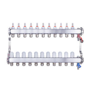 Rozdzielacz INOX ze stali nierdzewnej uzbrojony do ogrzewania podłogowego z adapterami PEX 16 -11 obwodów