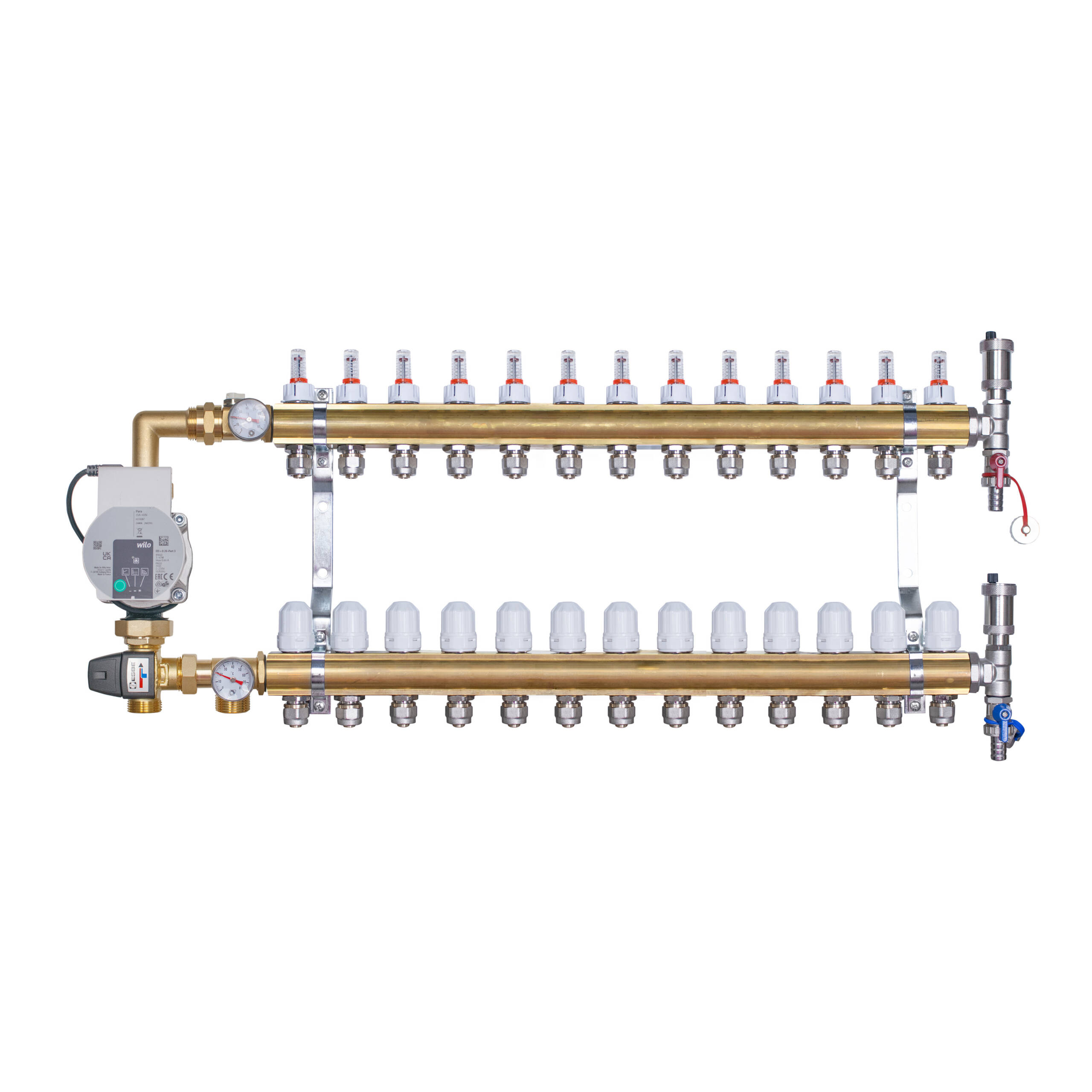 Rozdzielacz mosiężny do ogrzewania podłogowego 13 obwodów z adapterami PEX16 i grupą mieszającą 3,4KVS z pompą Wilo