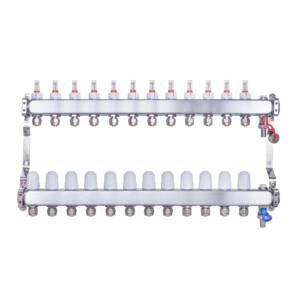 Rozdzielacz INOX ze stali nierdzewnej uzbrojony do ogrzewania podłogowego z adapterami PEX 16 -12 obwodówRozdzielacz INOX ze stali nierdzewnej uzbrojony do ogrzewania podłogowego z adapterami PEX 16 -12 obwodów