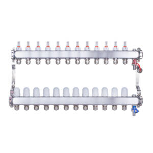 Rozdzielacz INOX ze stali nierdzewnej uzbrojony do ogrzewania podłogowego z adapterami PEX 16 -12 obwodów