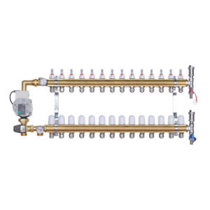 Rozdzielacz mosiężny do ogrzewania podłogowego 14 obwodów z adapterami PEX16 i grupą mieszającą 3,4KVS z pompą Wilo