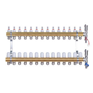 Rozdzielacz mosiężny  uzbrojony do ogrzewania podłogowego 14 obwodów z adapterami PEX16
