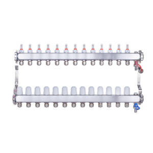 Rozdzielacz INOX ze stali nierdzewnej uzbrojony do ogrzewania podłogowego z adapterami PEX 16 -13 obwodówRozdzielacz INOX ze stali nierdzewnej uzbrojony do ogrzewania podłogowego z adapterami PEX 16 -13 obwodów