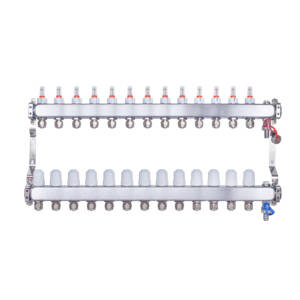Rozdzielacz INOX ze stali nierdzewnej uzbrojony do ogrzewania podłogowego z adapterami PEX 16 -13 obwodów