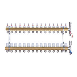 Rozdzielacz mosiężny  uzbrojony do ogrzewania podłogowego 15 obwodów z adapterami PEX16