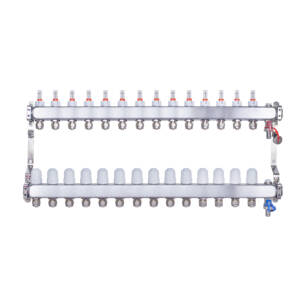 Rozdzielacz INOX ze stali nierdzewnej uzbrojony do ogrzewania podłogowego z adapterami PEX 16 -14 obwodówRozdzielacz INOX ze stali nierdzewnej uzbrojony do ogrzewania podłogowego z adapterami PEX 16 -14 obwodów