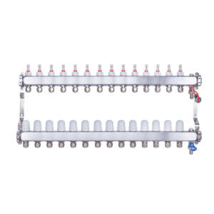Rozdzielacz INOX ze stali nierdzewnej uzbrojony do ogrzewania podłogowego z adapterami PEX 16 -14 obwodów