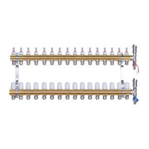 Rozdzielacz mosiężny  uzbrojony do ogrzewania podłogowego 16 obwodów z adapterami PEX16