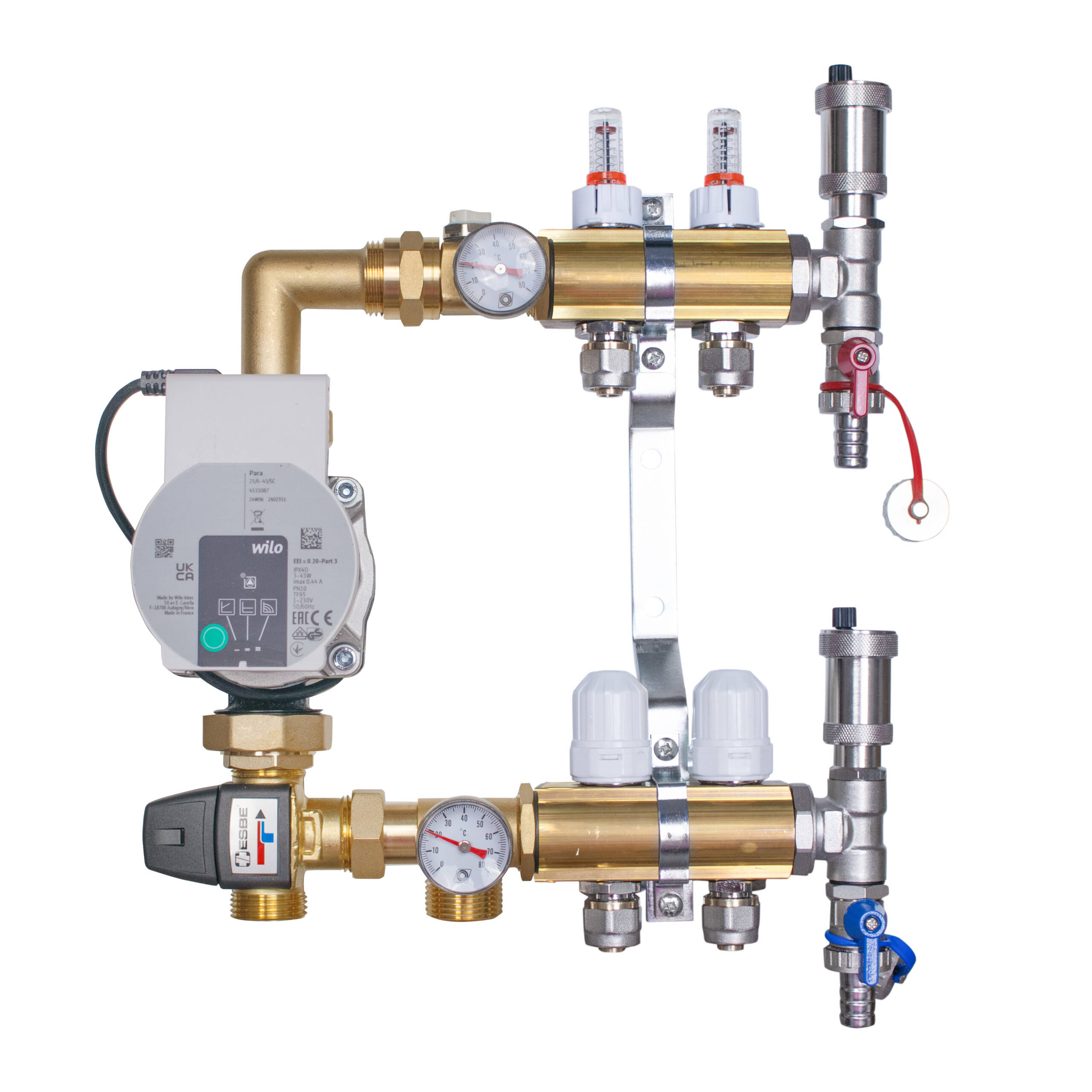 Rozdzielacz mosiężny do ogrzewania podłogowego  2 obwody z adapterami PEX16 i grupą mieszającą 3,4KVS z pompą Wilo