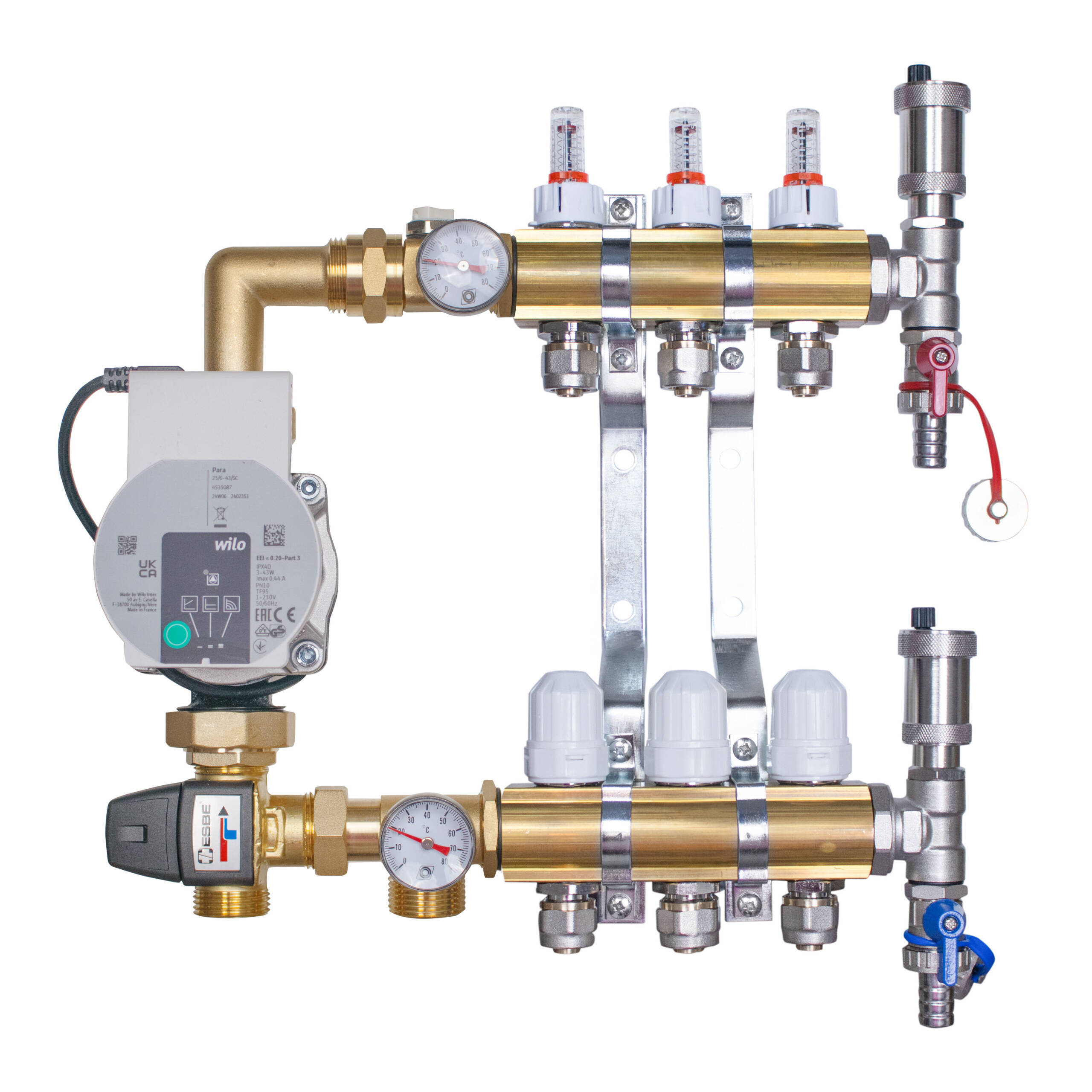 Rozdzielacz mosiężny do ogrzewania podłogowego  3 obwody z adapterami PEX16 i grupą mieszającą 3,4KVS z pompą Wilo