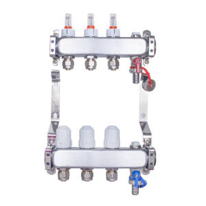 Rozdzielacz INOX ze stali nierdzewnej uzbrojony do ogrzewania podłogowego z adapterami PEX 16 - 3 obwodyRozdzielacz INOX ze stali nierdzewnej uzbrojony do ogrzewania podłogowego z adapterami PEX 16 - 3 obwody