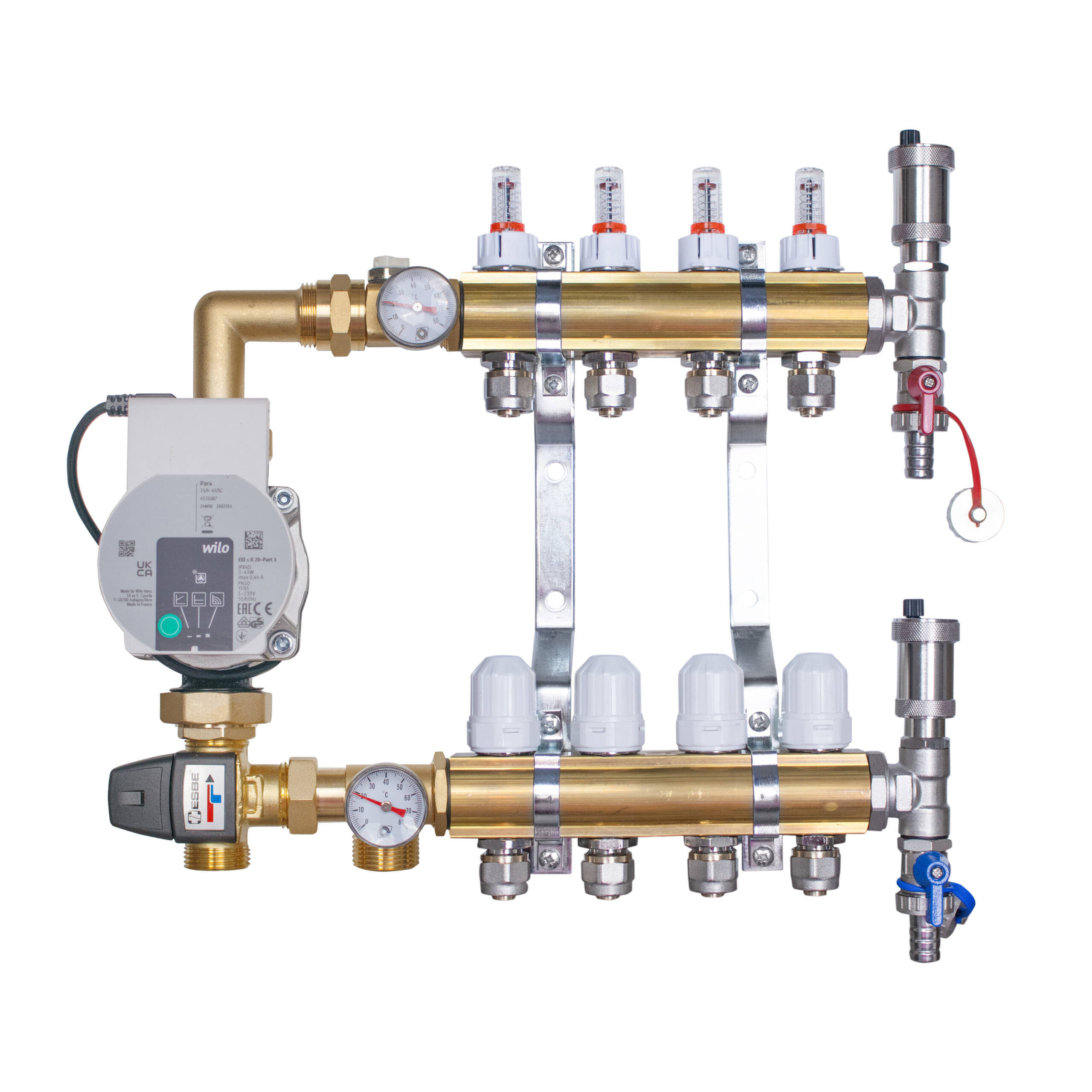 Rozdzielacz mosiężny do ogrzewania podłogowego  4 obwody z adapterami PEX16 i grupą mieszającą 3,4KVS z pompą Wilo