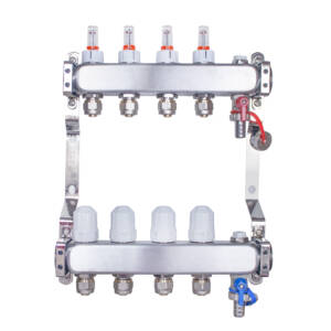 Rozdzielacz INOX ze stali nierdzewnej uzbrojony do ogrzewania podłogowego z adapterami PEX 16 - 4 obwodyRozdzielacz INOX ze stali nierdzewnej uzbrojony do ogrzewania podłogowego z adapterami PEX 16 - 4 obwody