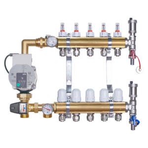Rozdzielacz mosiężny do ogrzewania podłogowego  5 obwodów z adapterami PEX16 i grupą mieszającą 3,4KVS z pompą Wilo