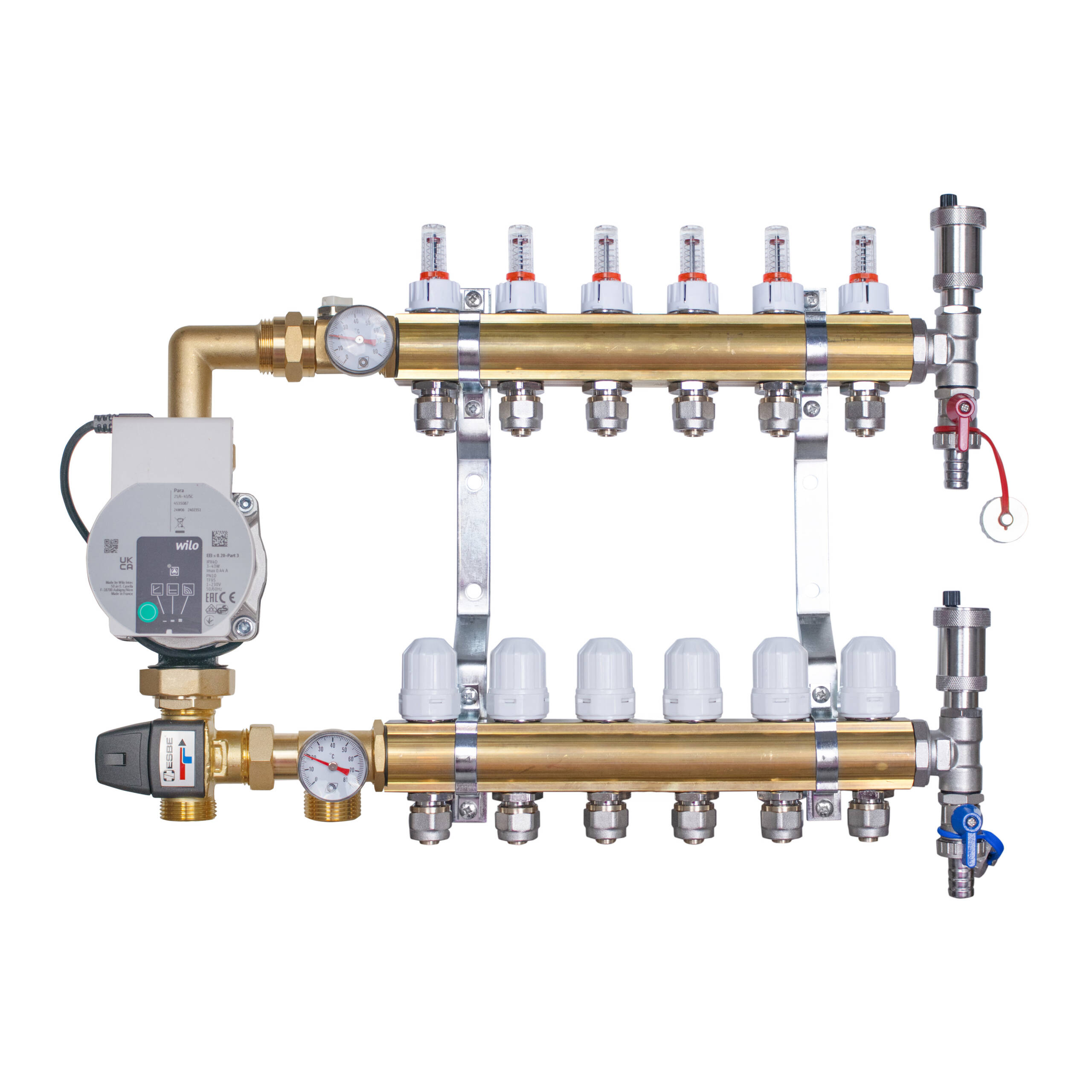 Rozdzielacz mosiężny do ogrzewania podłogowego  6 obwodów z adapterami PEX16 i grupą mieszającą 3,4KVS z pompą Wilo
