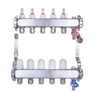 Rozdzielacz INOX ze stali nierdzewnej uzbrojony do ogrzewania podłogowego z adapterami PEX 16 - 5 obwodówRozdzielacz INOX ze stali nierdzewnej uzbrojony do ogrzewania podłogowego z adapterami PEX 16 - 5 obwodów