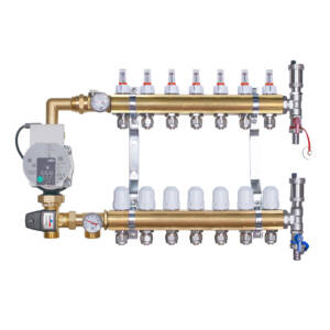 Rozdzielacz mosiężny do ogrzewania podłogowego  7 obwodów z adapterami PEX16 i grupą mieszającą 3,4KVS z pompą Wilo