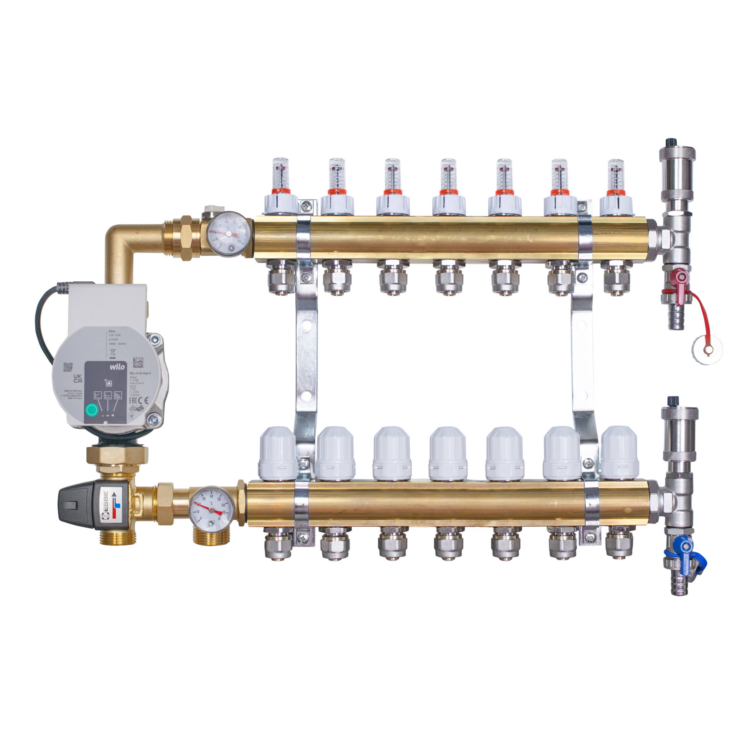 Rozdzielacz mosiężny do ogrzewania podłogowego  7 obwodów z adapterami PEX16 i grupą mieszającą 3,4KVS z pompą Wilo