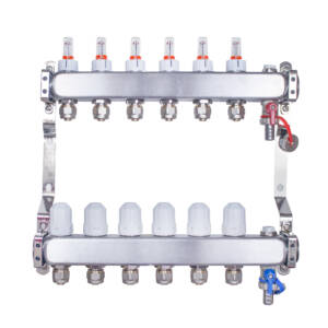 Rozdzielacz INOX ze stali nierdzewnej uzbrojony do ogrzewania podłogowego z adapterami PEX 16 - 6 obwodówRozdzielacz INOX ze stali nierdzewnej uzbrojony do ogrzewania podłogowego z adapterami PEX 16 - 6 obwodów