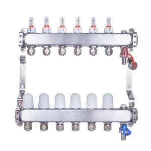 Rozdzielacz INOX ze stali nierdzewnej uzbrojony do ogrzewania podłogowego z adapterami PEX 16 - 6 obwodów