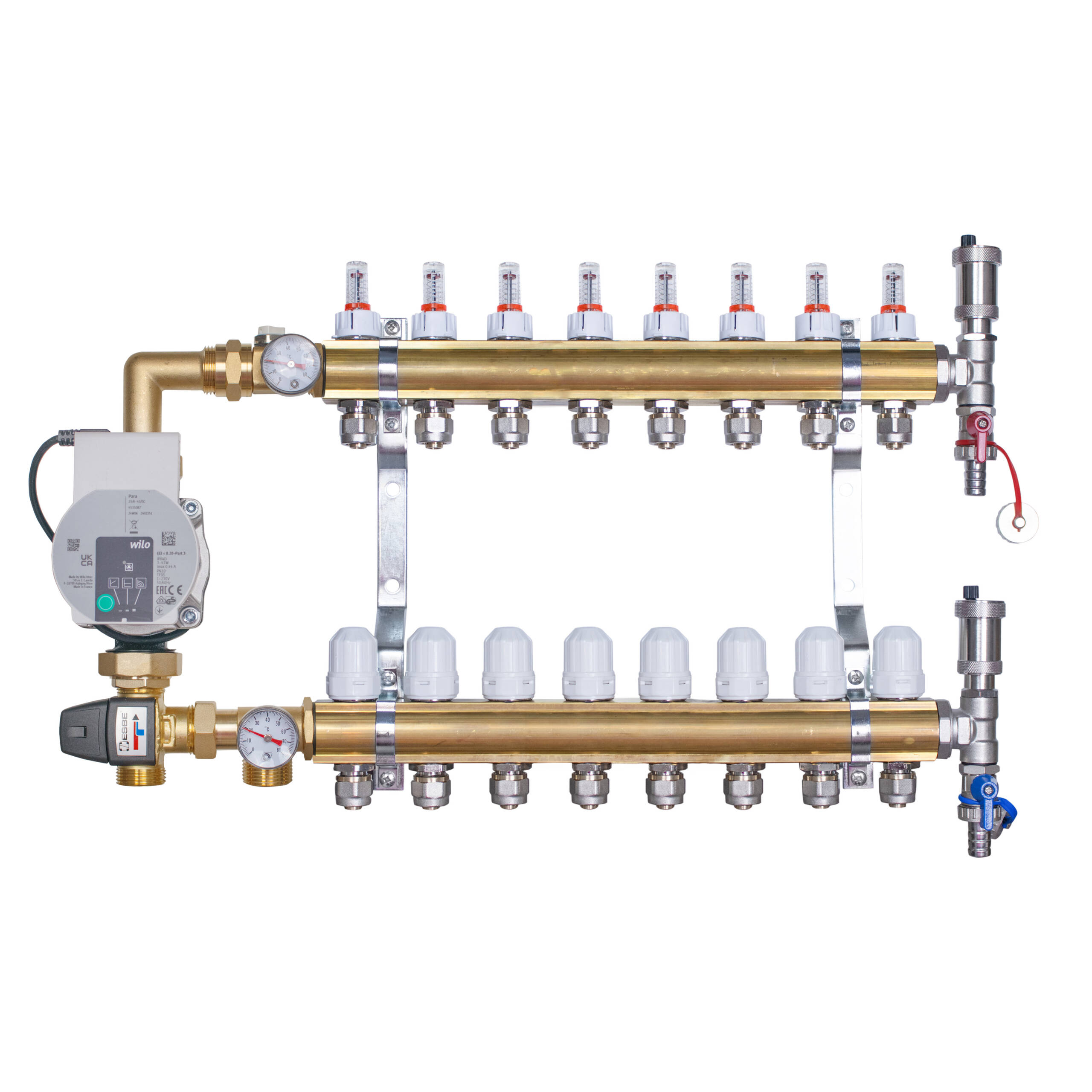 Rozdzielacz mosiężny do ogrzewania podłogowego  8 obwodów z adapterami PEX16 i grupą mieszającą 3,4KVS z pompą Wilo