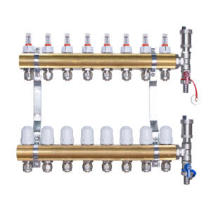 Rozdzielacz mosiężny  uzbrojony do ogrzewania podłogowego  8 obwodów z adapterami PEX16