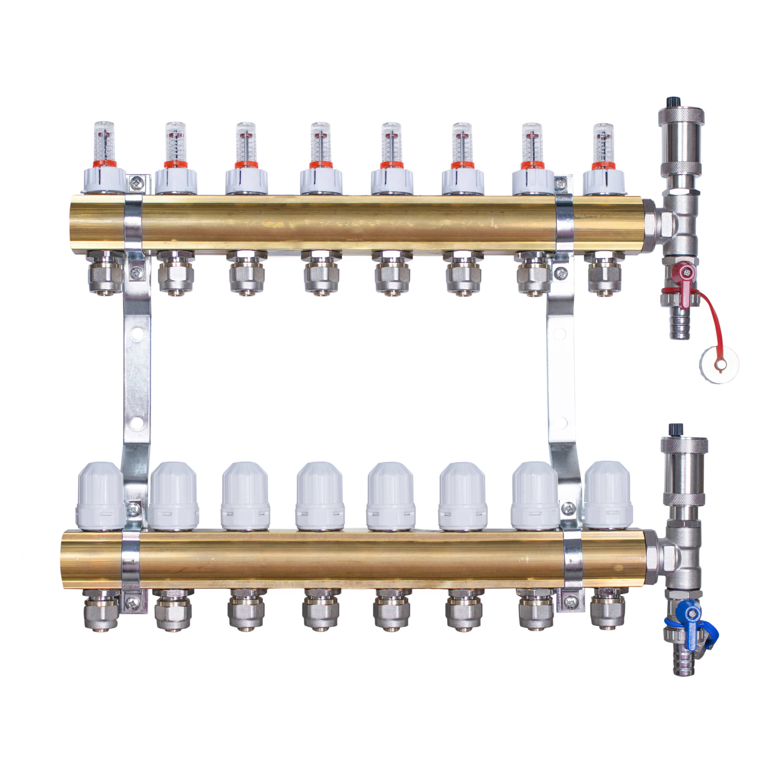 Rozdzielacz mosiężny  uzbrojony do ogrzewania podłogowego  8 obwodów z adapterami PEX16