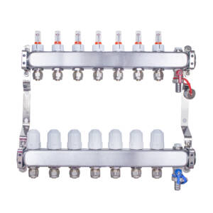 Rozdzielacz INOX ze stali nierdzewnej uzbrojony do ogrzewania podłogowego z adapterami PEX 16 - 7 obwodówRozdzielacz INOX ze stali nierdzewnej uzbrojony do ogrzewania podłogowego z adapterami PEX 16 - 7 obwodów