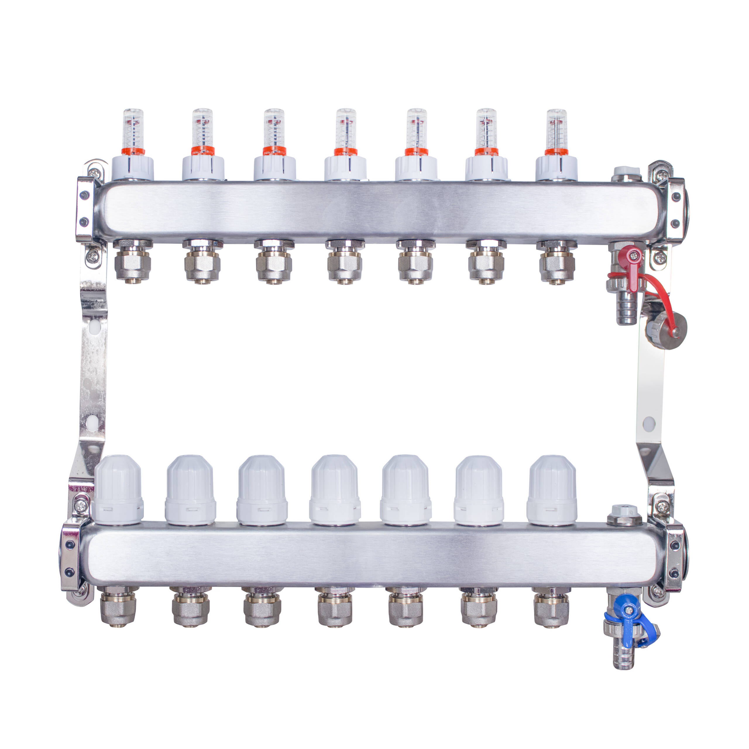 Rozdzielacz INOX ze stali nierdzewnej uzbrojony do ogrzewania podłogowego z adapterami PEX 16 - 7 obwodów