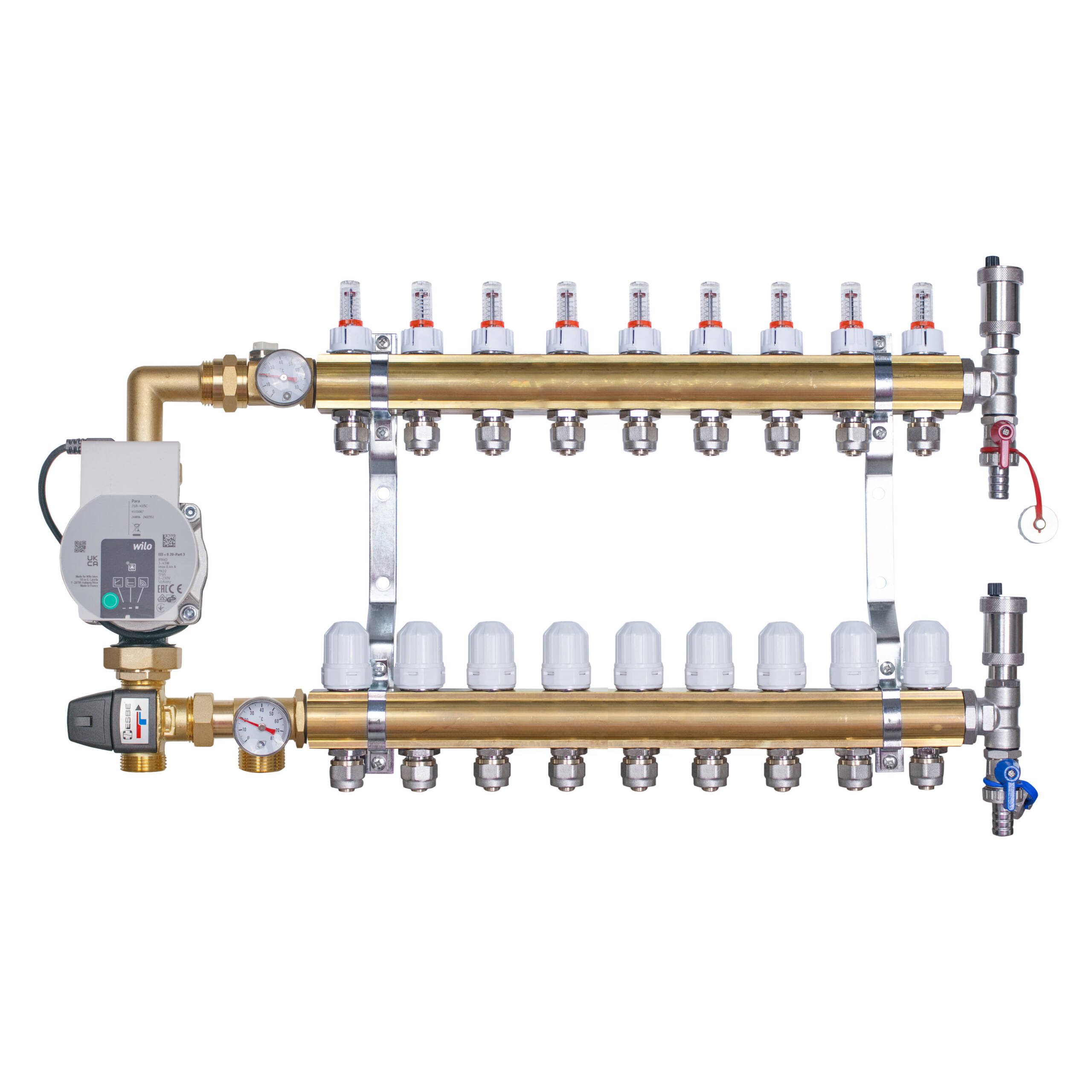 Rozdzielacz mosiężny do ogrzewania podłogowego  9 obwodów z adapterami PEX16 i grupą mieszającą 3,4KVS z pompą Wilo