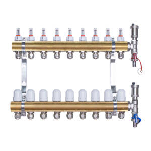 Rozdzielacz mosiężny  uzbrojony do ogrzewania podłogowego  9 obwodów z adapterami PEX16
